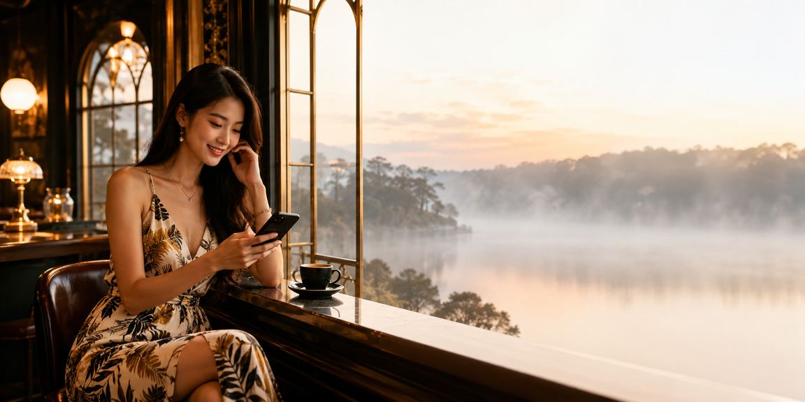 Người dùng thư giãn tại quán cà phê Đà Lạt với ứng dụng casino trên điện thoại